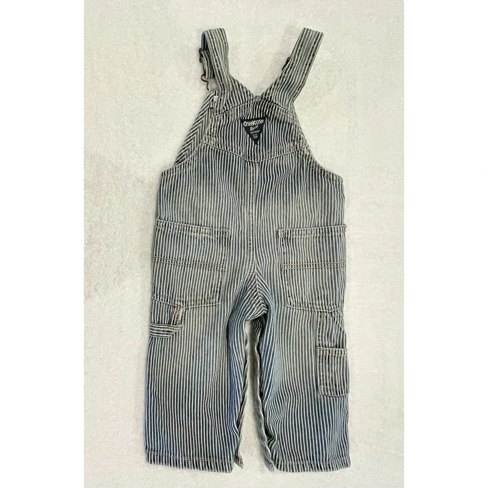 OshKosh B'Gosh 12 M Hickory Stripe Railroad Bib Overalls Toddler Engineer Denim